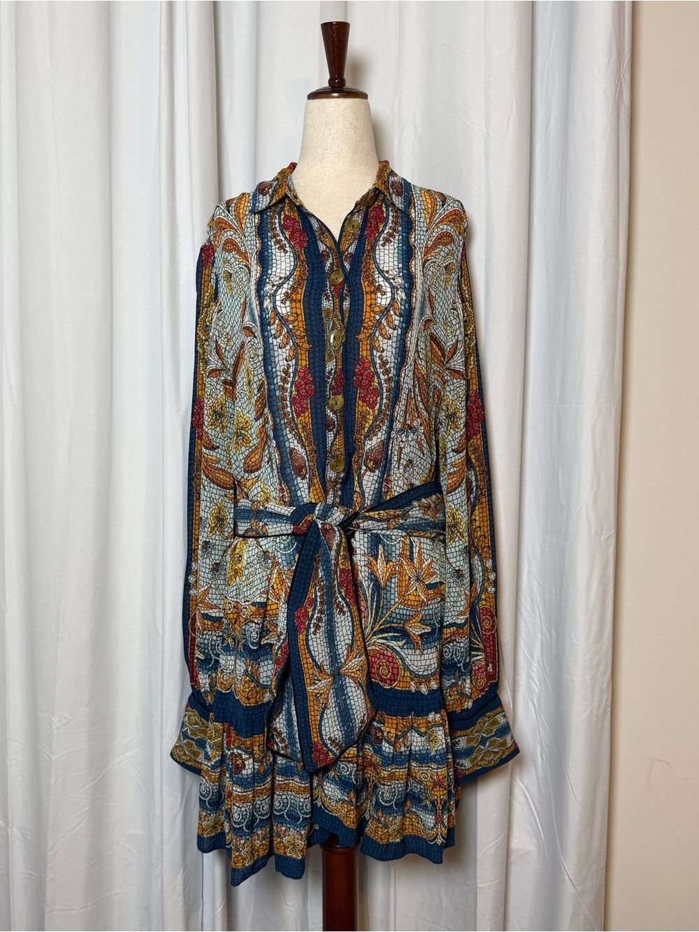 Farm Rio Mosaic Garden Mini Dress Belted Button Front Floral Boho Small - Picture 3 of 16